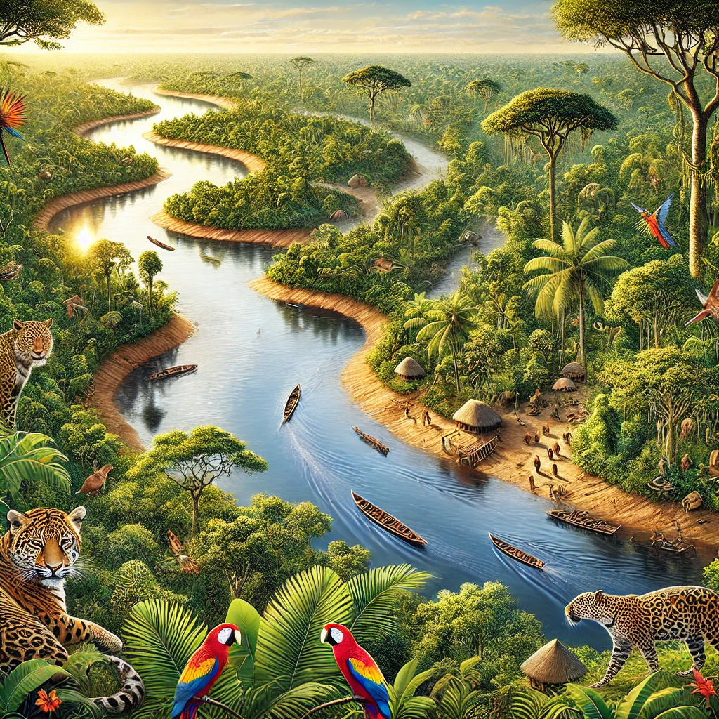 Vista aérea do Rio Amazonas serpenteando pela floresta tropical densa.