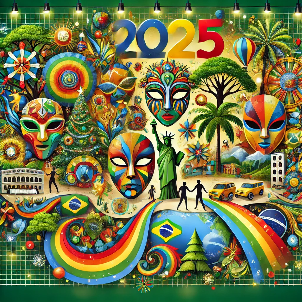 Ilustração vibrante das celebrações do Brasil em 2025 com elementos culturais, natureza e o ano 2025 destacado.
