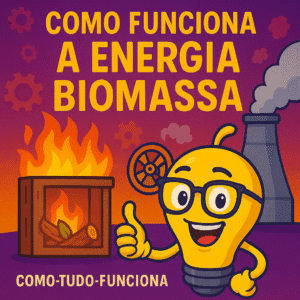 Ilustração divertida mostrando como funciona a energia biomassa com turbina e mascote do site como-tudo-funciona.com.br