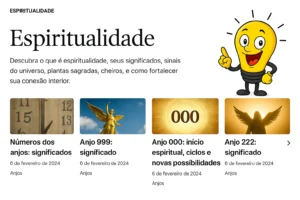 Ilustração da categoria Espiritualidade com personagem de lâmpada sorridente e artigos sobre anjos