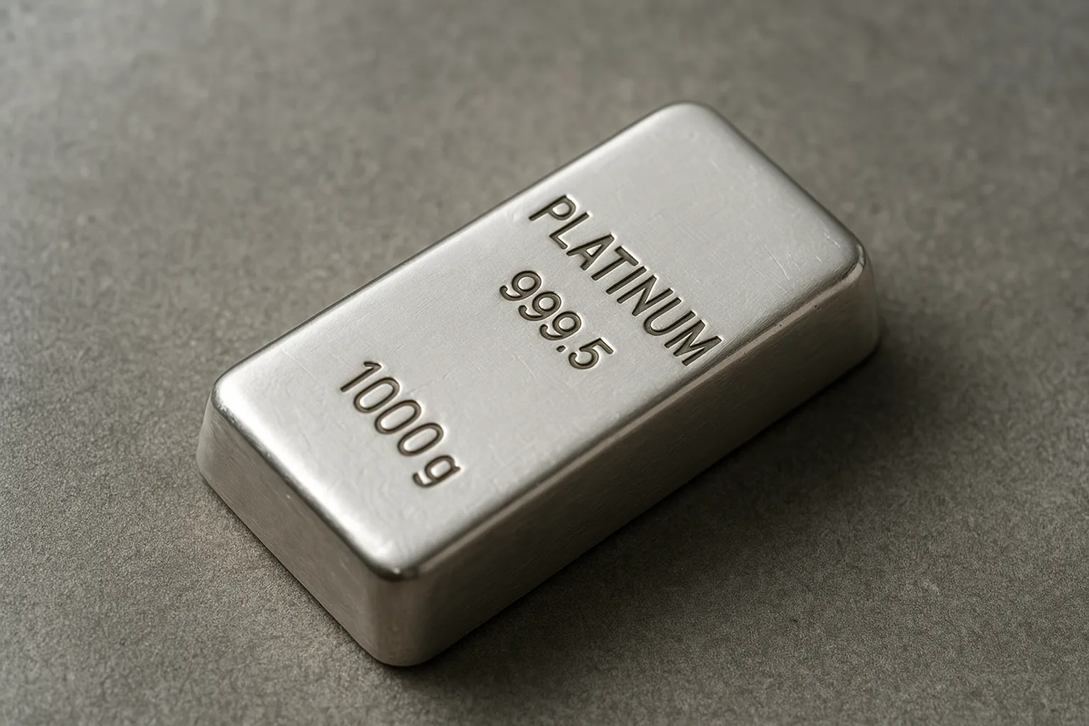Barra de platina pura brilhando sobre uma superfície escura, mostrando sua cor branco-prateada característica.