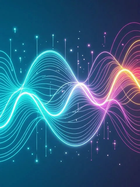 Onda sonora digital colorida representando diferentes frequências de ruído em um fundo escuro.