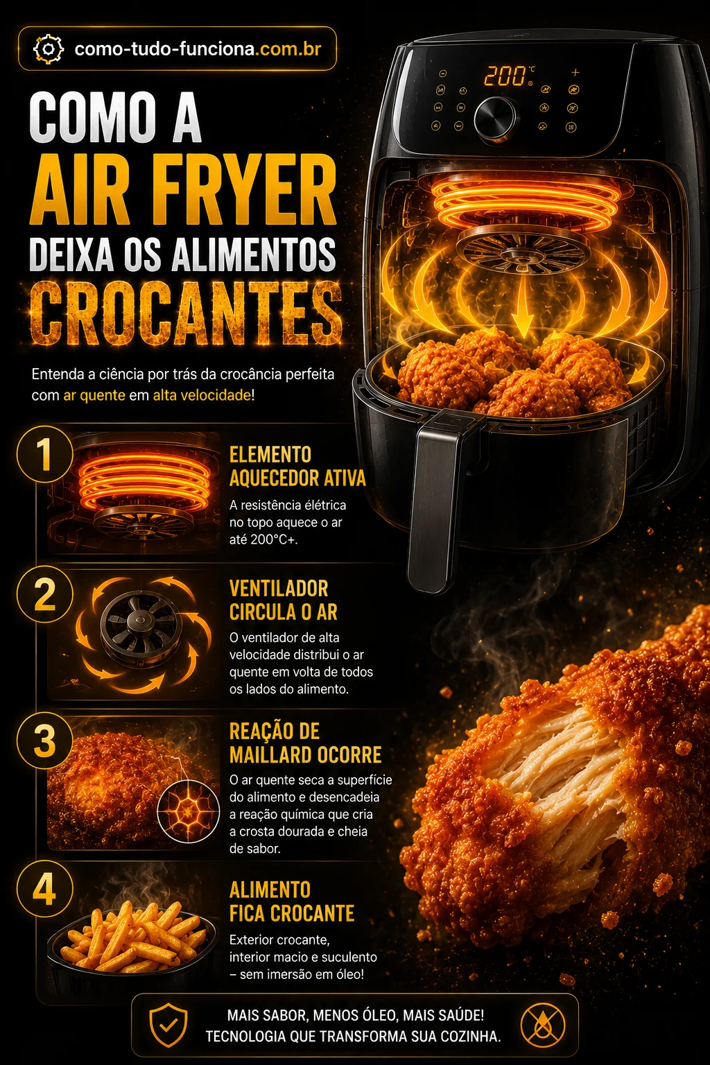 Infográfico Como Funciona a Air Fryer: Elemento Aquecedor, Circulação de Ar e Reação de Maillard Infográfico explicando como a air fryer deixa os alimentos crocantes em 4 etapas: elemento aquecedor ativa, ventilador circula o ar, reação de Maillard ocorre e alimento fica crocante
