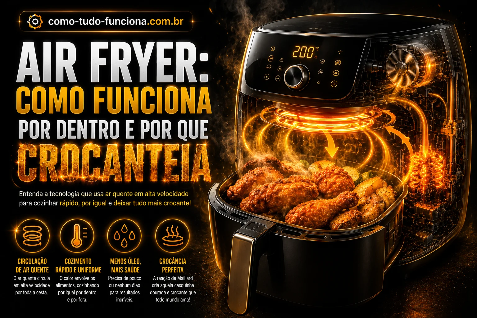 Air Fryer: Como Funciona Por Dentro e Por Que Crocanteia | como-tudo-funciona.com.br Air fryer moderna aberta mostrando interior com cesta e alimentos crocantes dourados, ilustrando como funciona a air fryer por dentro