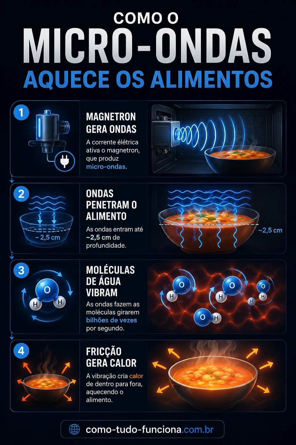 Infográfico explicando como o micro-ondas aquece alimentos: magnetron gera ondas, ondas entram no alimento, moléculas mudam de orientação e energia térmica aumenta